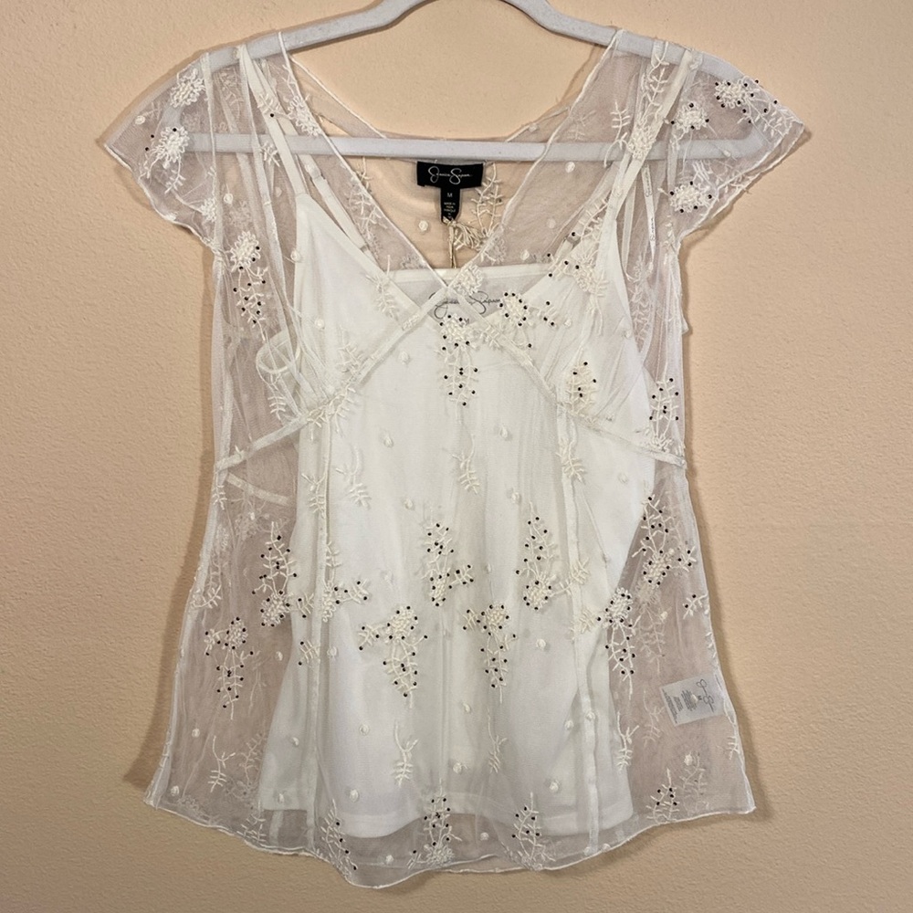 Jessica Simpson Sheer Floral Embroidered Flutter Cap Sleeve Feminine Blouse